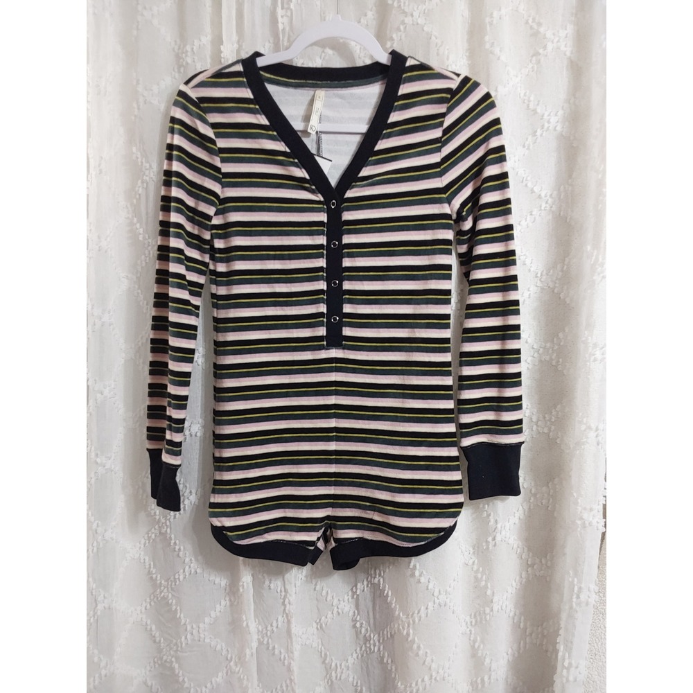 NWT  Womens Size XS LLD Striped Long Sleeve Henley short Romper Pink Green Black
